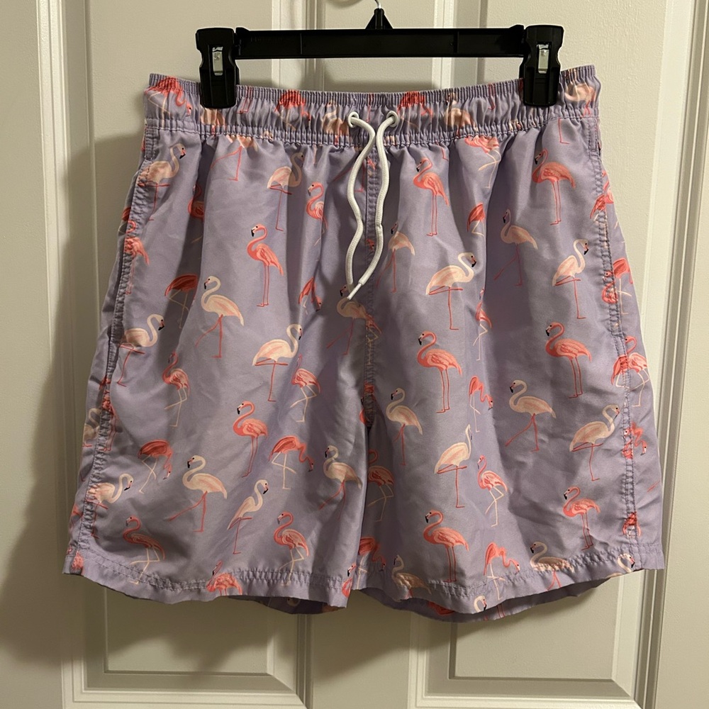 Men’s TSLA swim trunks swim shorts bathing suit purple pink flamingos Size L